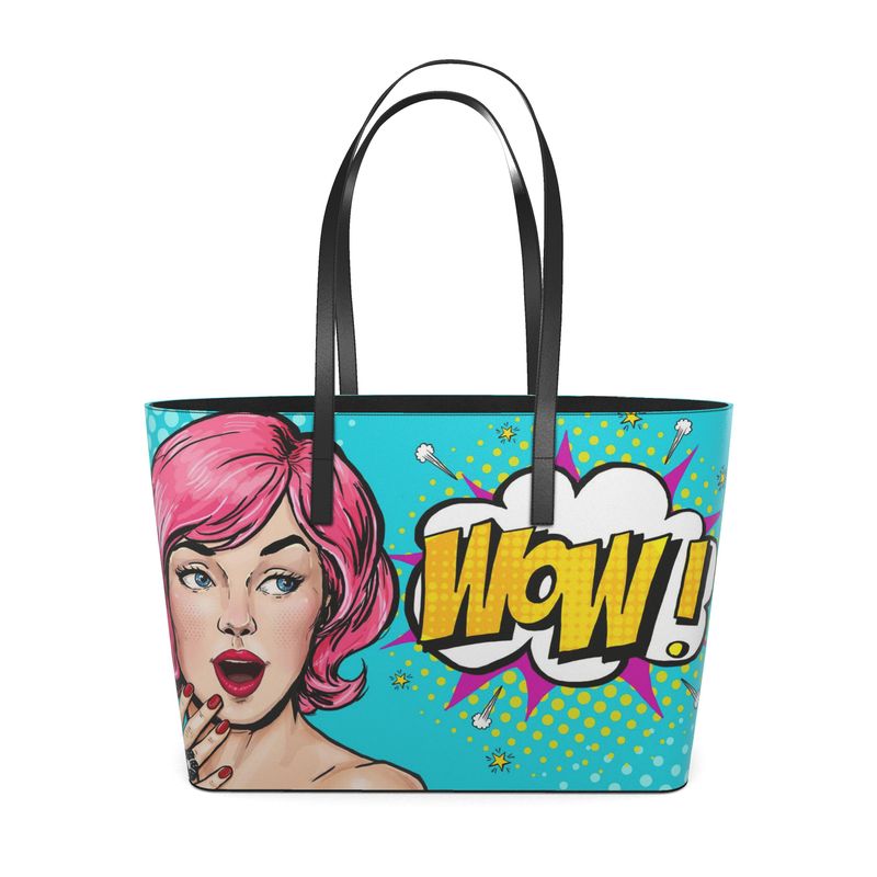 Pop Art - Pink Hair Girl Leather Tote